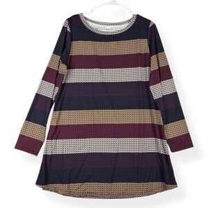 NANU Tunic Top Womens L Large Navy Tan Striped Long Sleeve‎ Round Neck